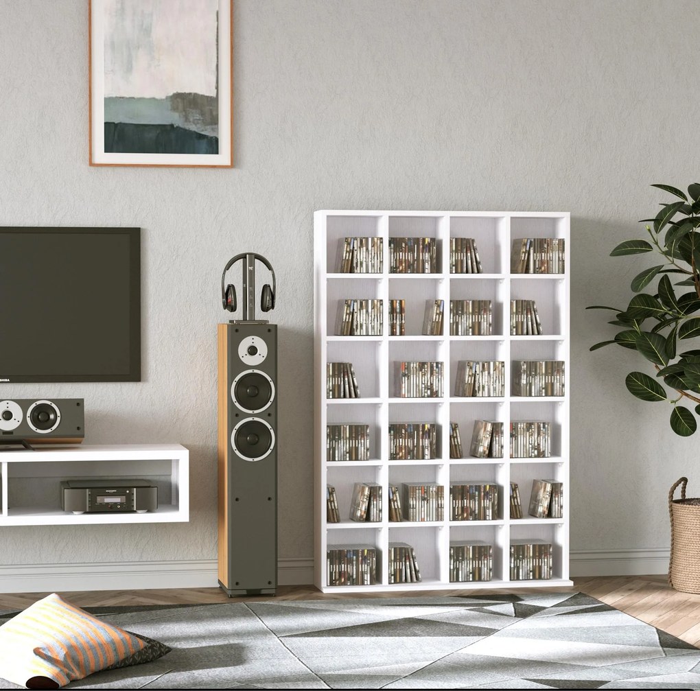 Móvel multimédia com capacidade para 456 CDs/336 DVDs - estante de madeira com prateleiras ajustáveis, 89 x 130,5 cm, branco