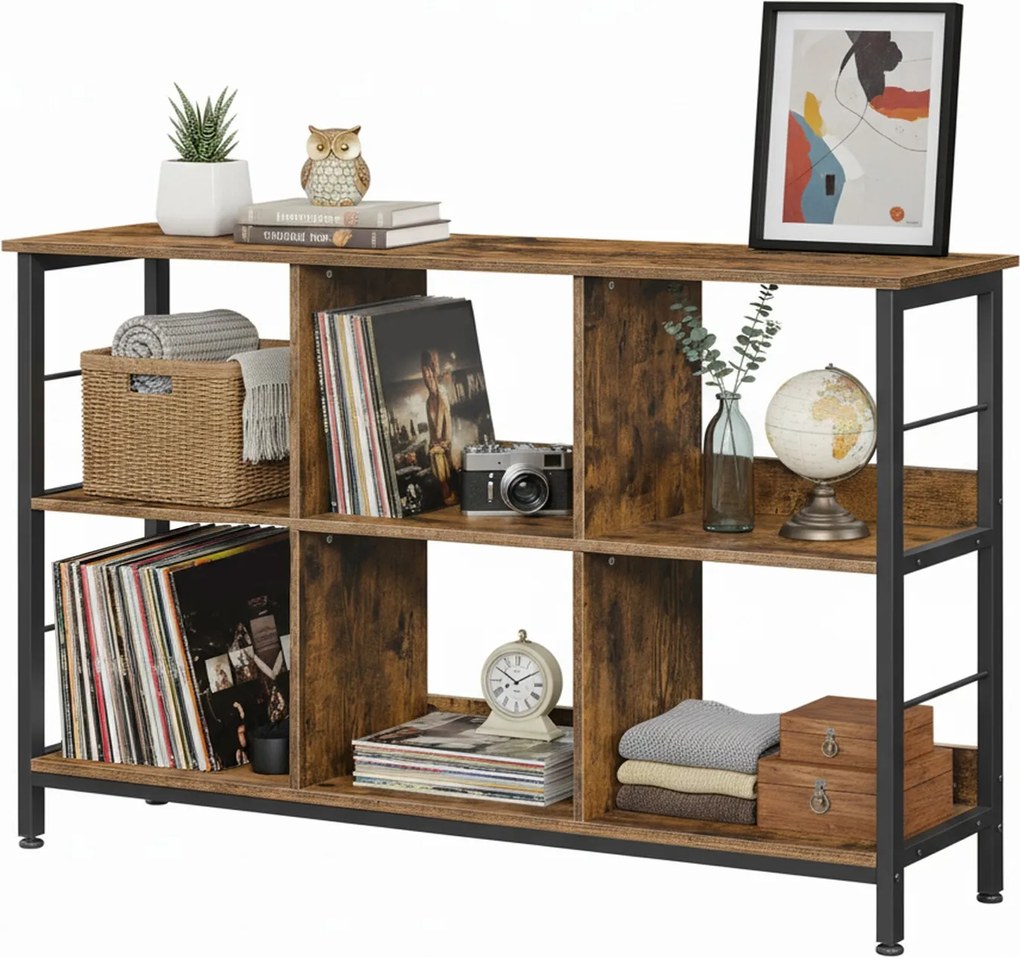 Estante de livros de 2 andares 33 x 120 x 80 cm com 6 compartimentos castanho-preto