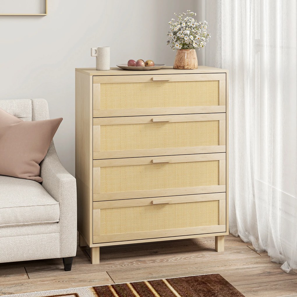Cómoda com 4 gavetas em vime, 80 x 40 x 103 cm, MDF com acabamento em castanho claro