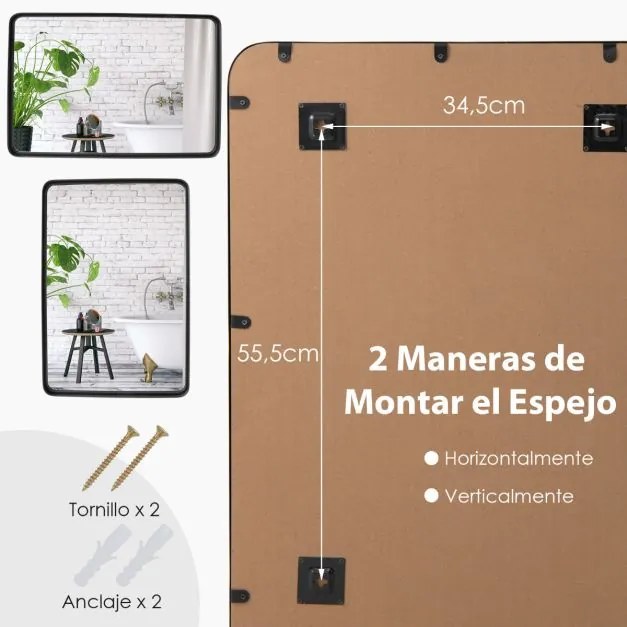 Espelho de parede para casa de banho com moldura metálica Espelho redondo retangular para casa de banho, corredor, vestiário, suspenso horizontal/vert