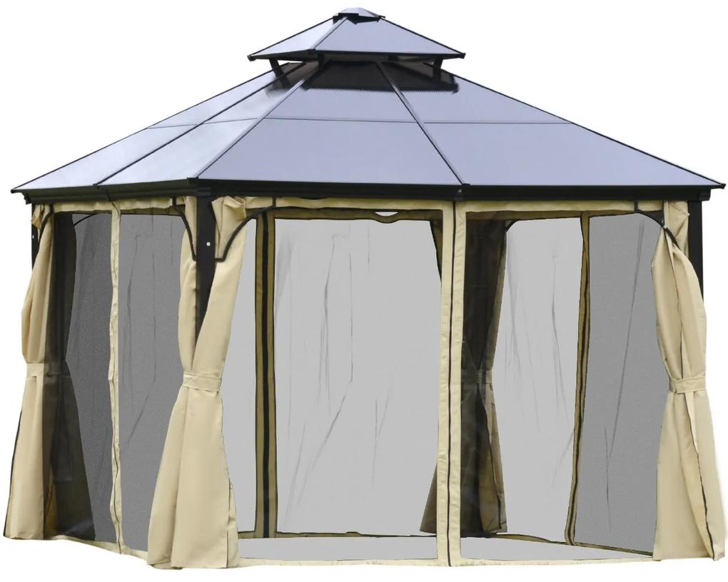 Pérgola 3x3 m com teto duplo de policarbonato e 4 cortinas 4 redes mosquiteiras com zíper, moldura de alumínio bege e preto