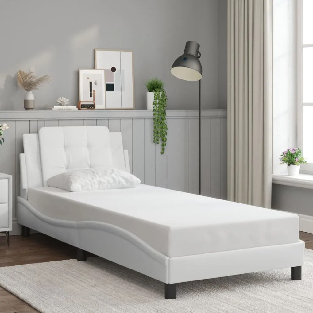 Estrutura cama c/ luzes LED 100x200 cm couro artificial branco