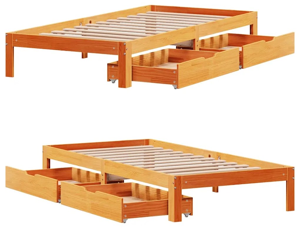 Estrutura de cama c/ gavetas 90x200cm pinho maciço castanho-mel