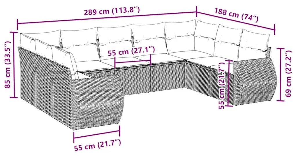 9 pcs conjunto de sofás p/ jardim c/ almofadões vime PE preto
