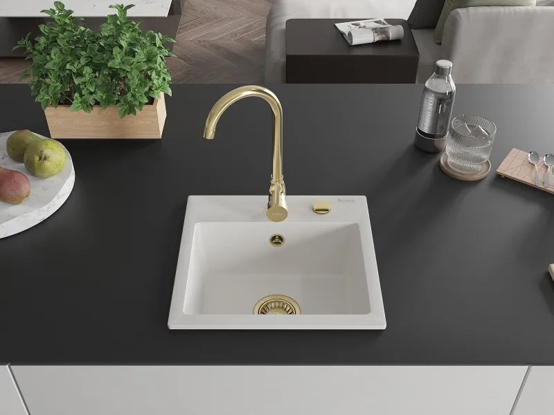 Mexen Milo lava-louça de granito de 1 compartimento 435 x 410 mm, branco, sifão dourado - 6505441000-20-G
