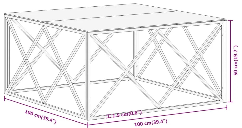 Mesa de centro aço inoxidável e vidro temperado prateado