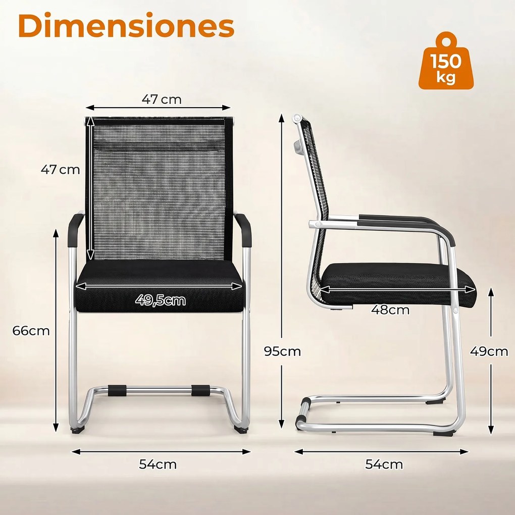 Conjunto de 2 Cadeiras de Escritório com Braços, 54 x 54 x 95 cm, Base Resistente, Preto