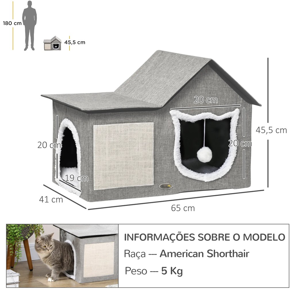 Casa para Gatos com Almofada para Arranhar almofada Macia e Bola Suspensa 65x41x45,5 cm Cinza