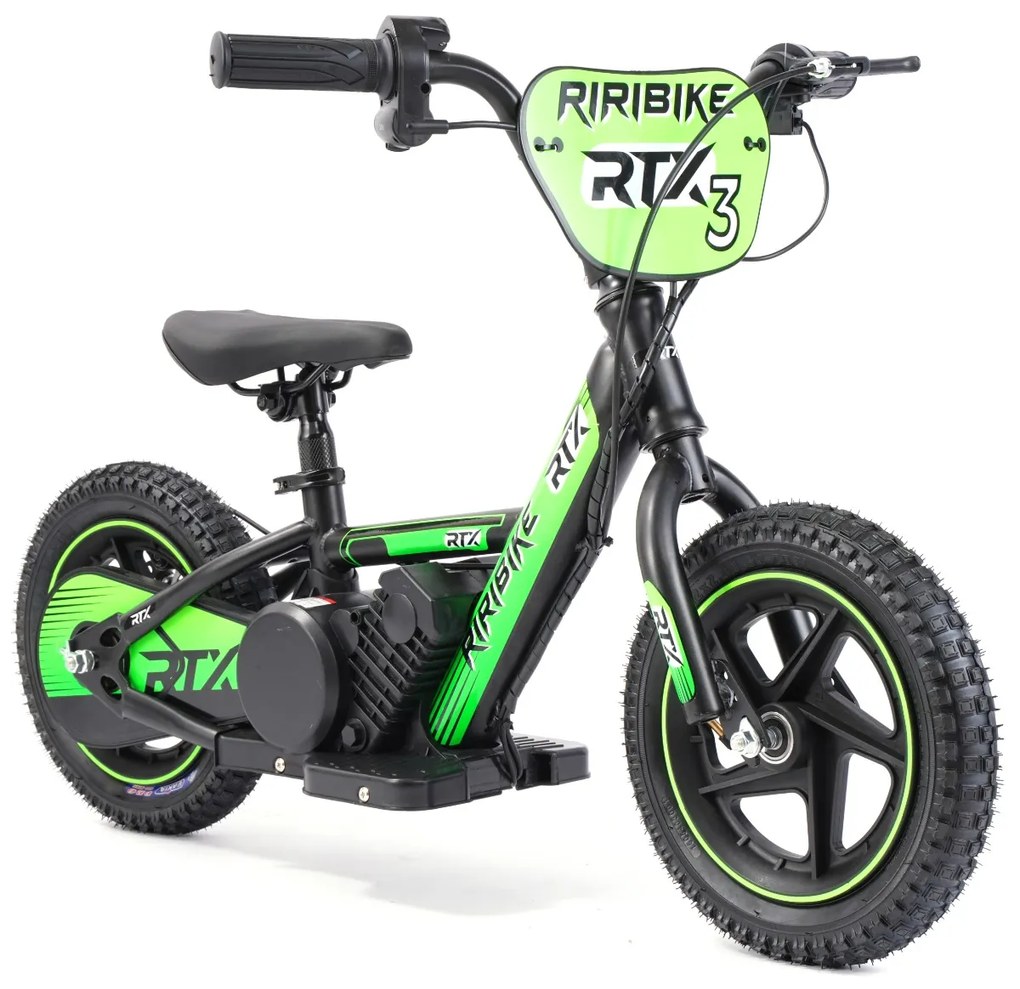 Bicicleta eléctrica para crianças RIRIBIKE RTX3 24V (12"), Batería de litio, Motor de 100W, Travão de disco verde