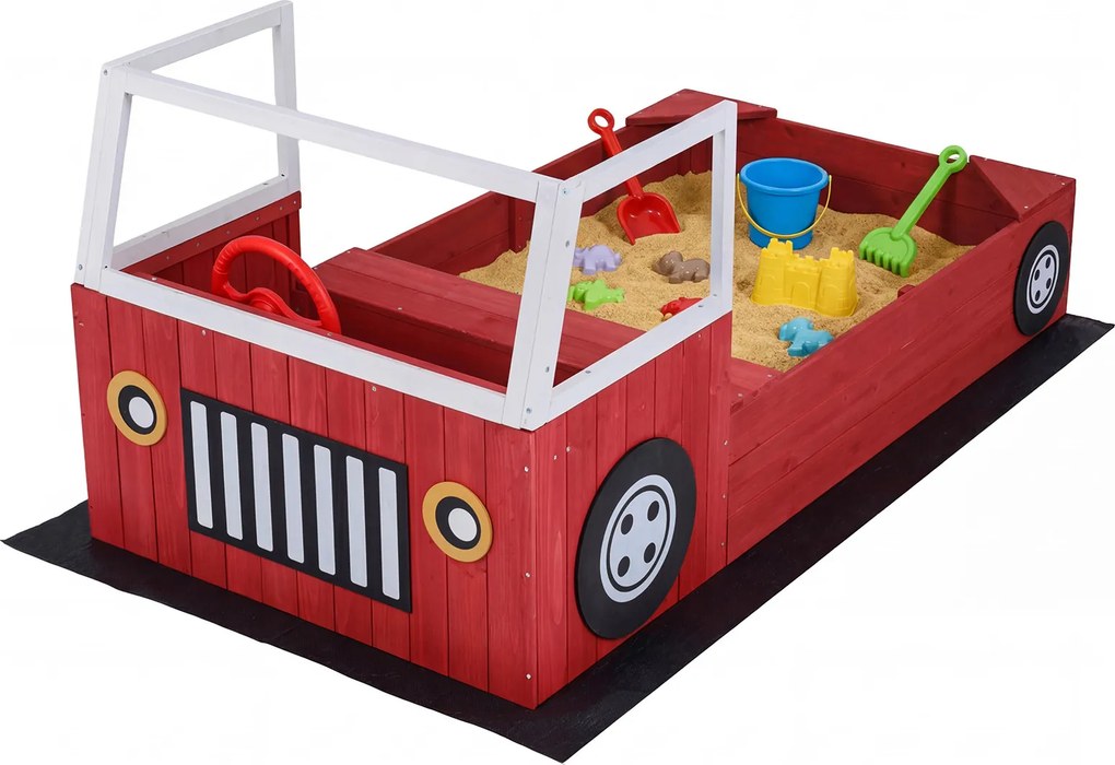 Caixa de areia infantil em madeira de abeto, em forma de camião dos bombeiros 156 x 80 x 70 cm, com banco, volante giratório, 2 assentos e tapete, , v