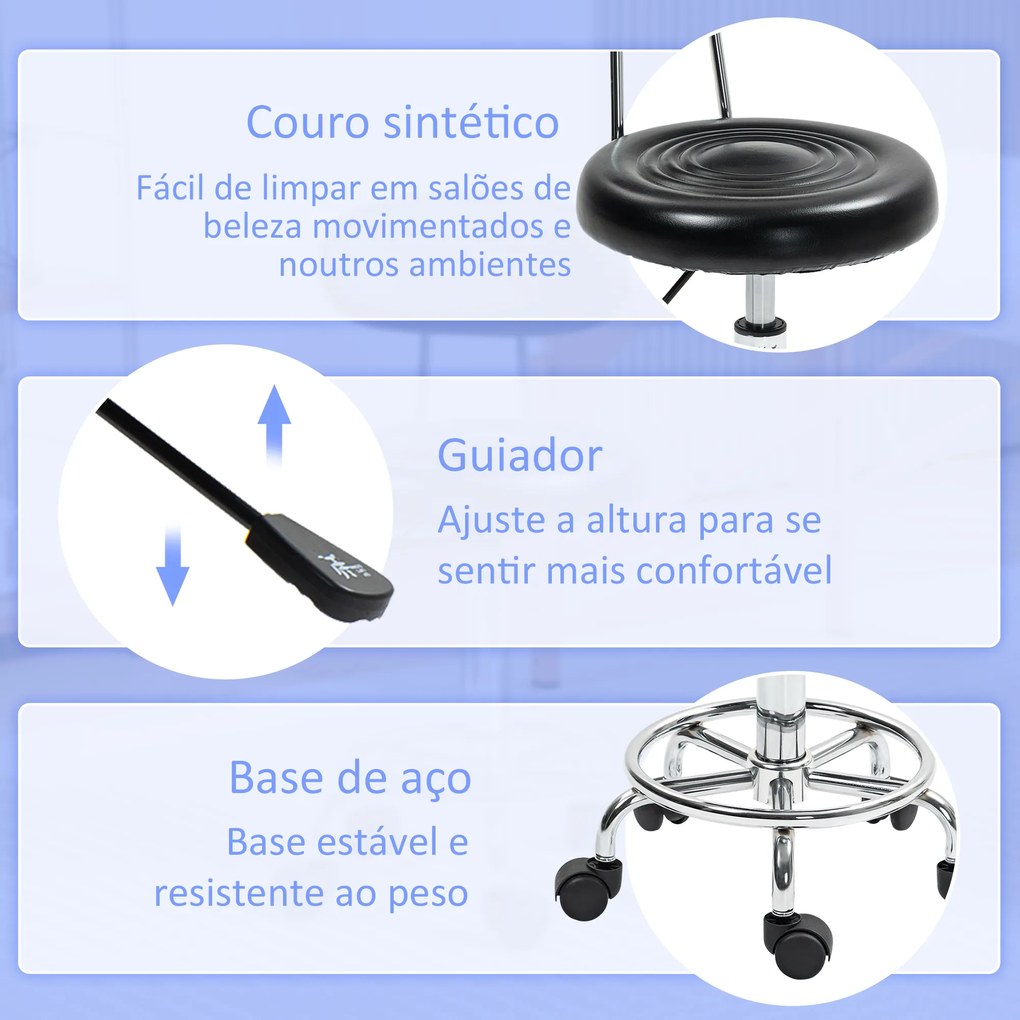 Banco Giratório com Rodas e Encosto Banco de Trabalho com Altura Ajustável Banco Estofado em Couro Sintético 32x40x70x70-86 cm Preto