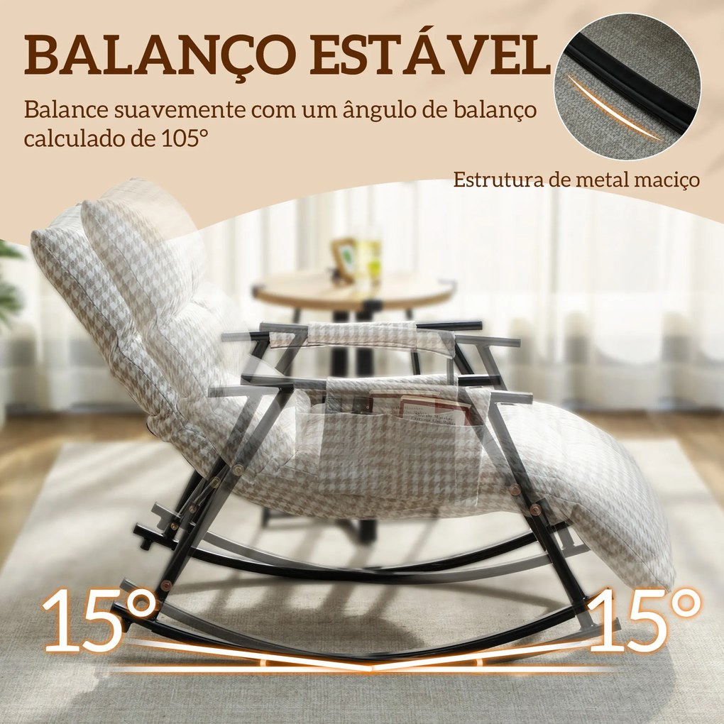 Poltrona Baloiço com Encosto e Apoia-Pés Ajustáveis 105° Estofada em Linho com Bolso Lateral Cinzento e Branco