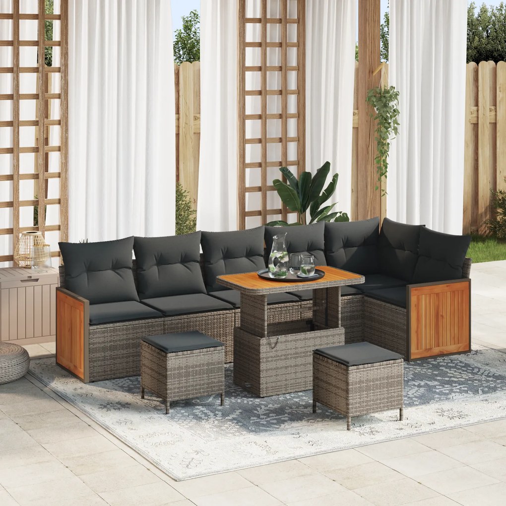 Conjunto de Sofá de Jardim vidaXL 9 Peças com Almofadas Cinza Rattan Acácia