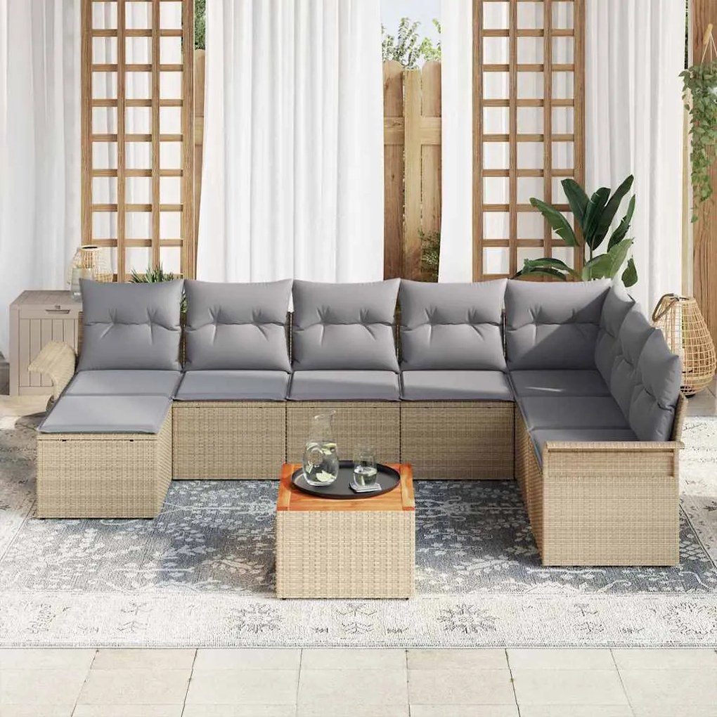 Conjunto de Sofás de Jardim 9 Peças com Almofadas Bege em Polirattan e