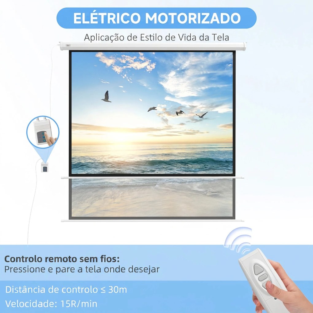 Ecrã de Projeção Elétrico 96 Polegadas com Comando à Distância Formato 1:1 para Interior e Exterior Branco