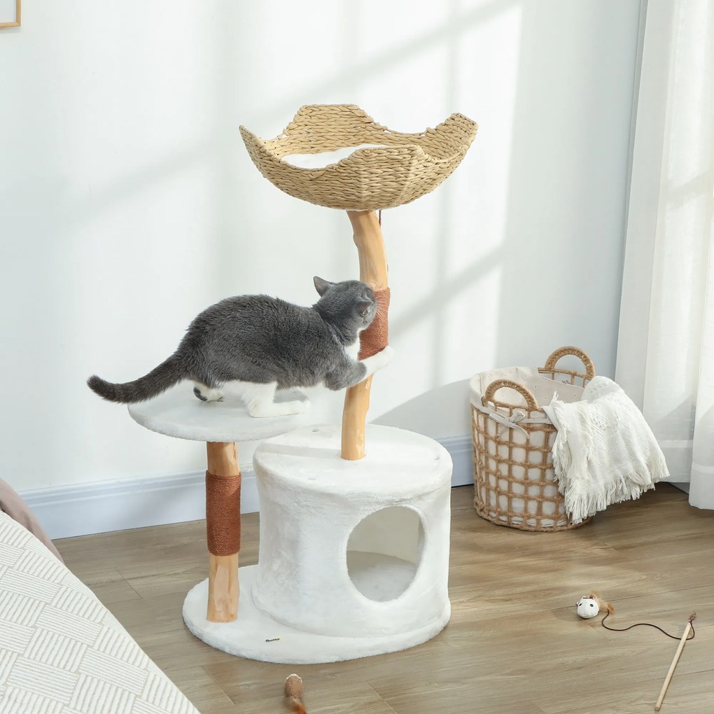 Árvore para gatos com torre de brincadeiras, arranhadores, plataforma, cama, compartimentos abertos e almofada macia lavável, 55 x 45 x 102 cm, branco