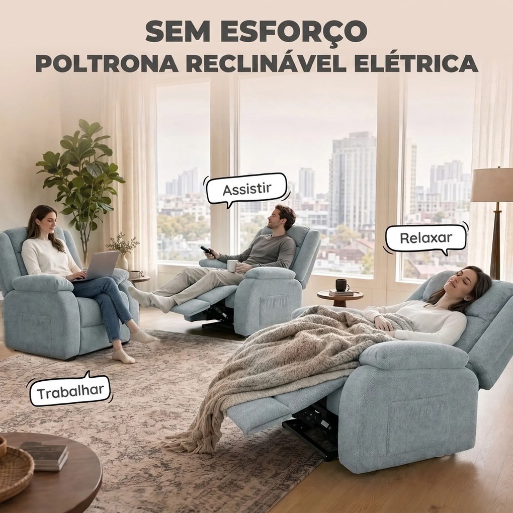 Poltrona Relax Reclinável Elétrico em Tecido Efeito Linho com Molas Apoio para os Pés Telecomando USB e 2 Bolsos Laterais Verde