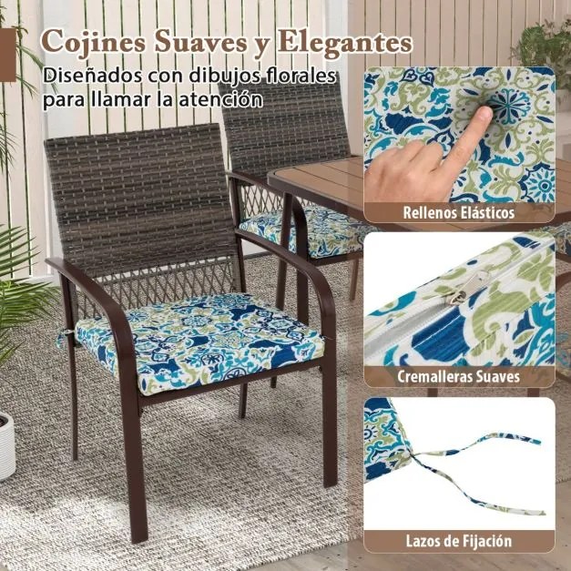 Conjunto de jantar de jardim 4 cadeiras de rattan com almofadas e mesa quadrada com orifício para guarda-sol Castanho misto