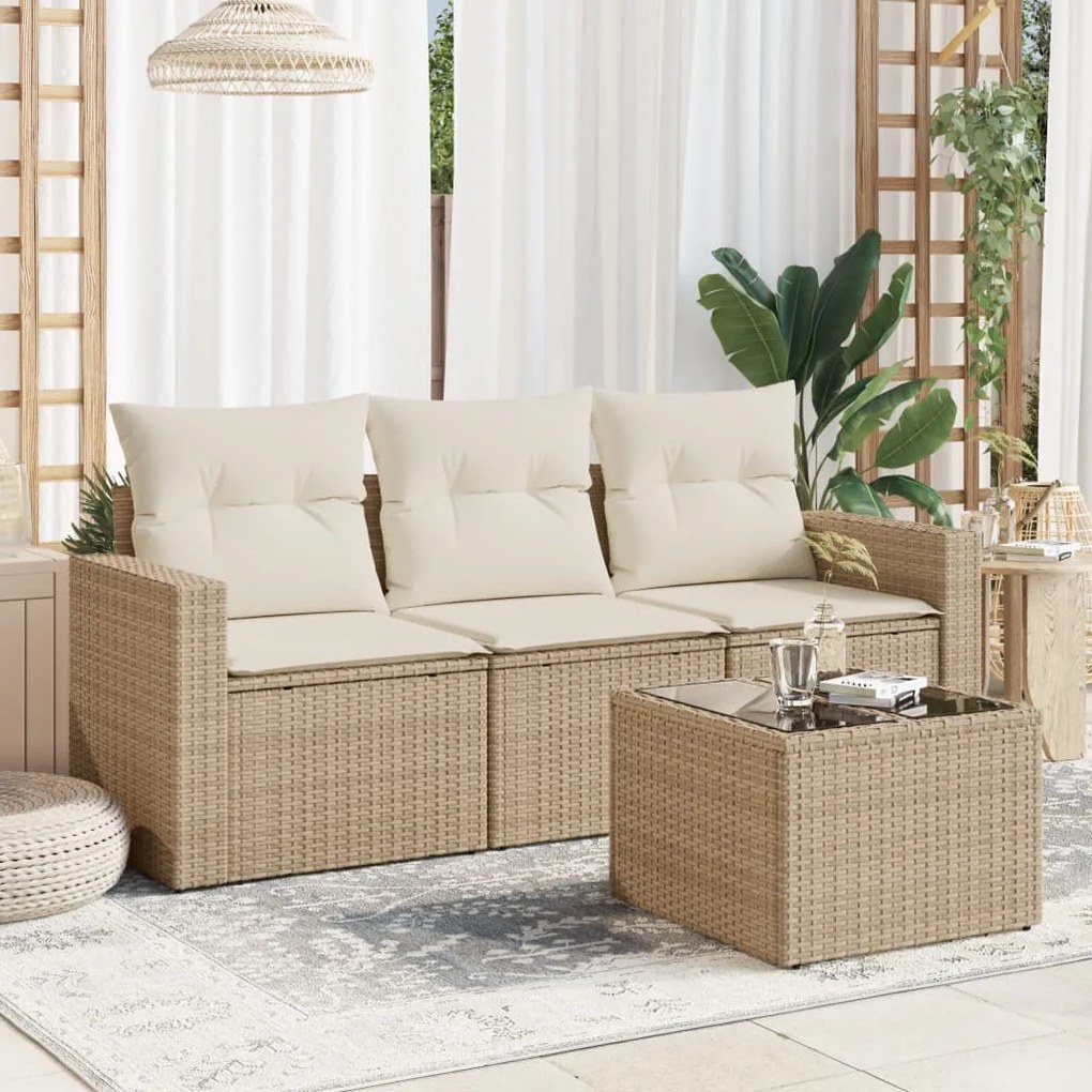 4 pcs conjunto de sofás para jardim c/ almofadões vime PE bege