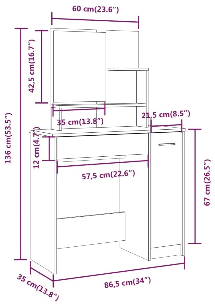 Conjunto toucador 86,5x35x136 cm cor sonoma cinzento