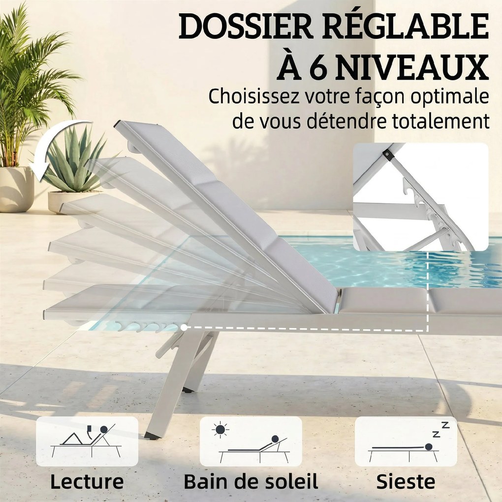 Espreguiçadeira em alumínio leve, encosto ajustável em 6 posições, estofamento integrado, 64 x 181 x 90 cm, cinzento claro