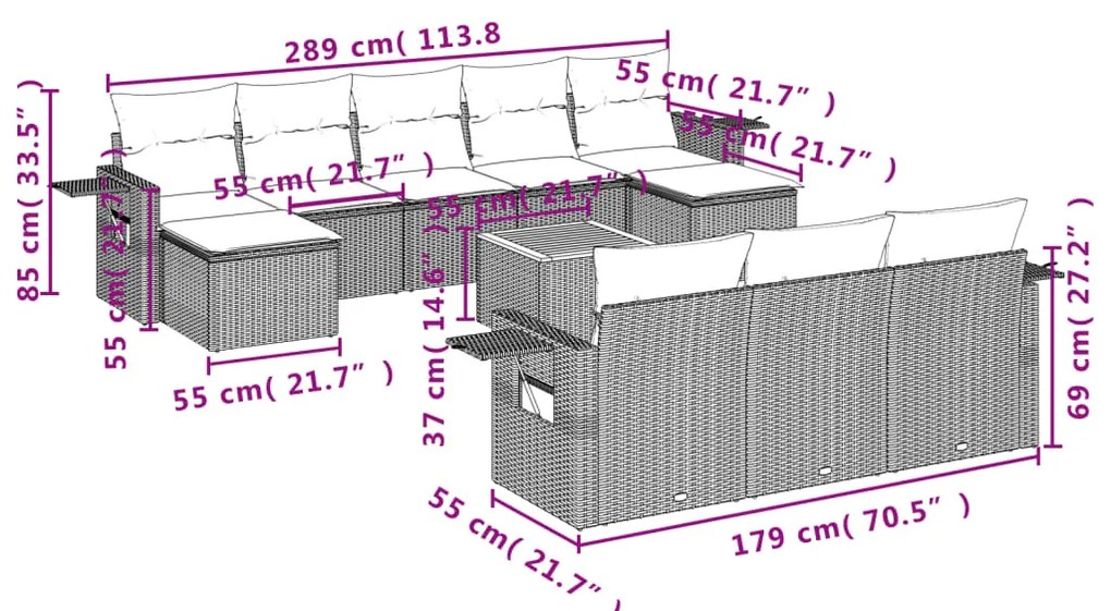 11 pcs conjunto sofás de jardim c/ almofadões vime PE bege