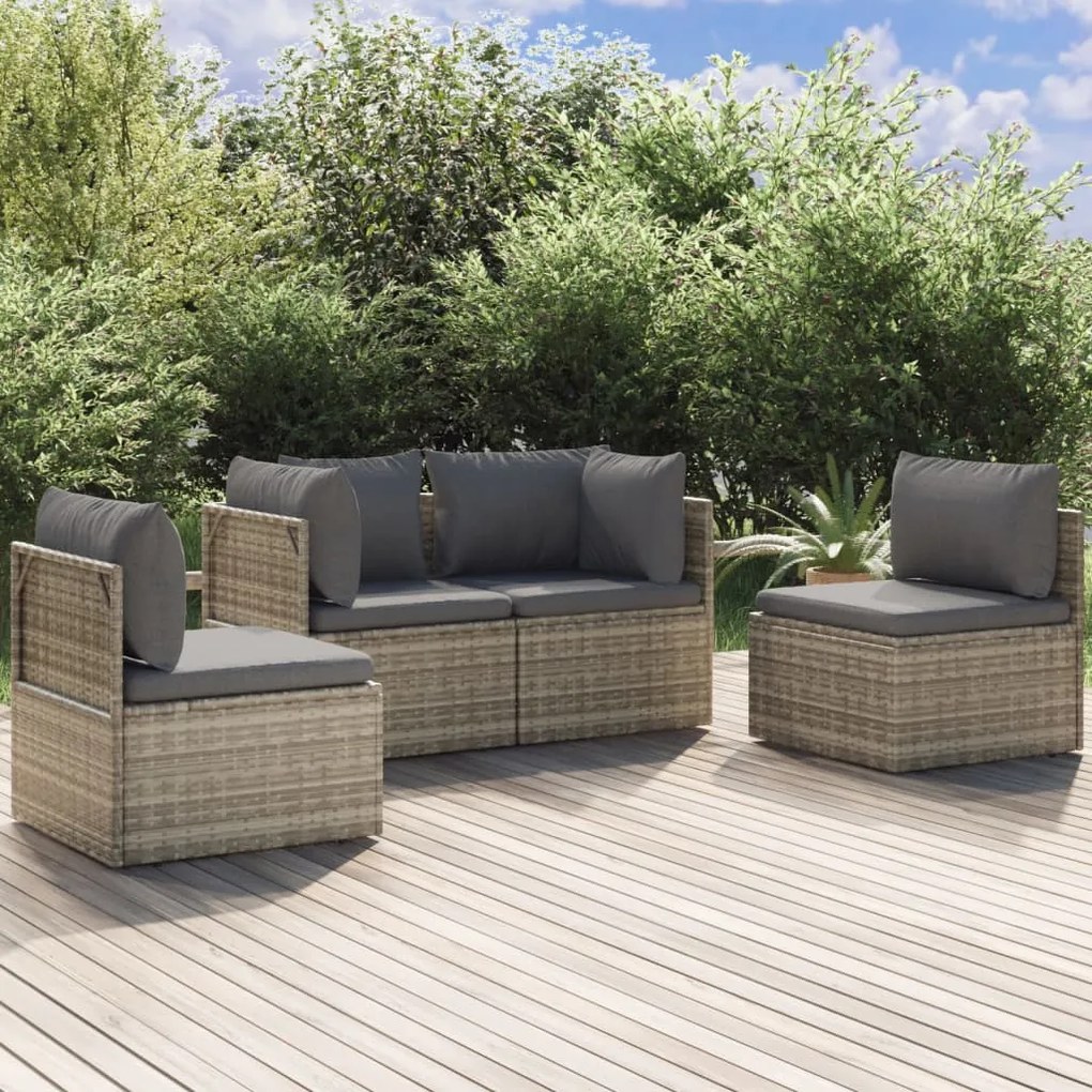 vidaXL 4 pcs conjunto lounge de jardim c/ almofadões vime PE cinzento