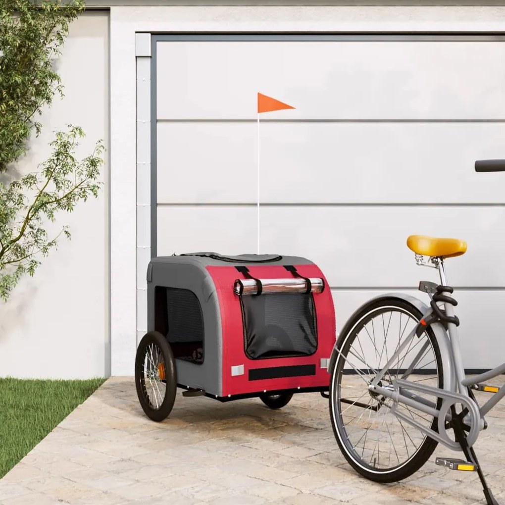 vidaXL Reboque bicicleta p/ animais tecido oxford/ferro vermelho/cinza