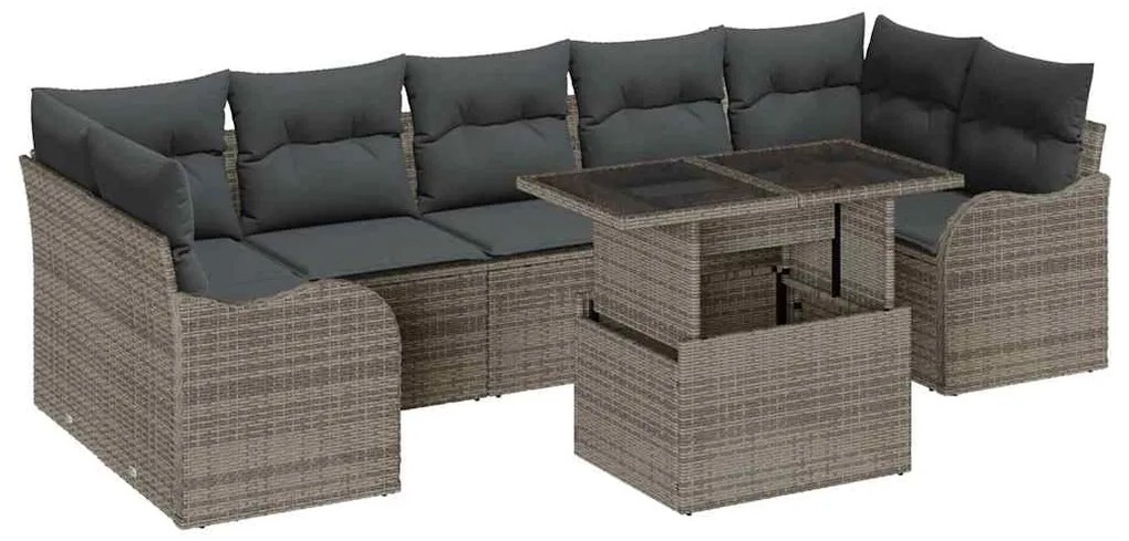 Sofá de Jardim 8 Peças com Almofadas Cinzas em Rattan Sintético