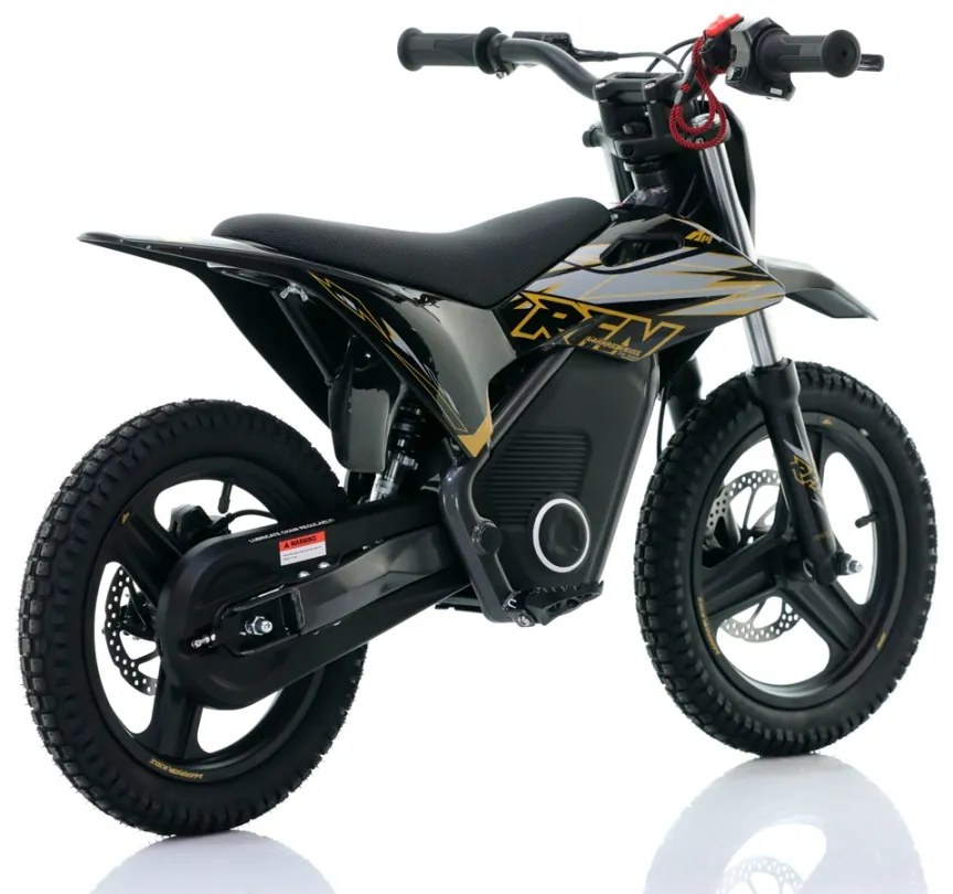Mini moto elétrica para crianças velocidade até 35Km/h C/Limitador RFN Warrior SX-E500 500W 36V 14/14” Preta e Dourada