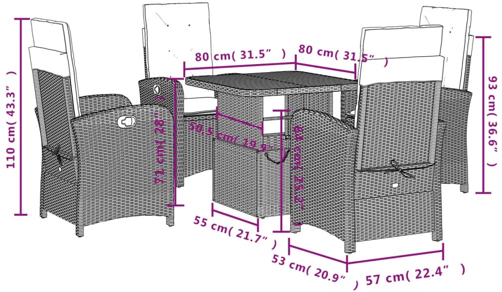 5 pcs conjunto de jantar p/ jardim c/ almofadões vime PE preto