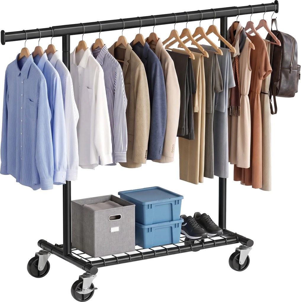 Guarda-roupas extensível 92-132 x 45 x 161,5 cm com rodas e prateleira, preto