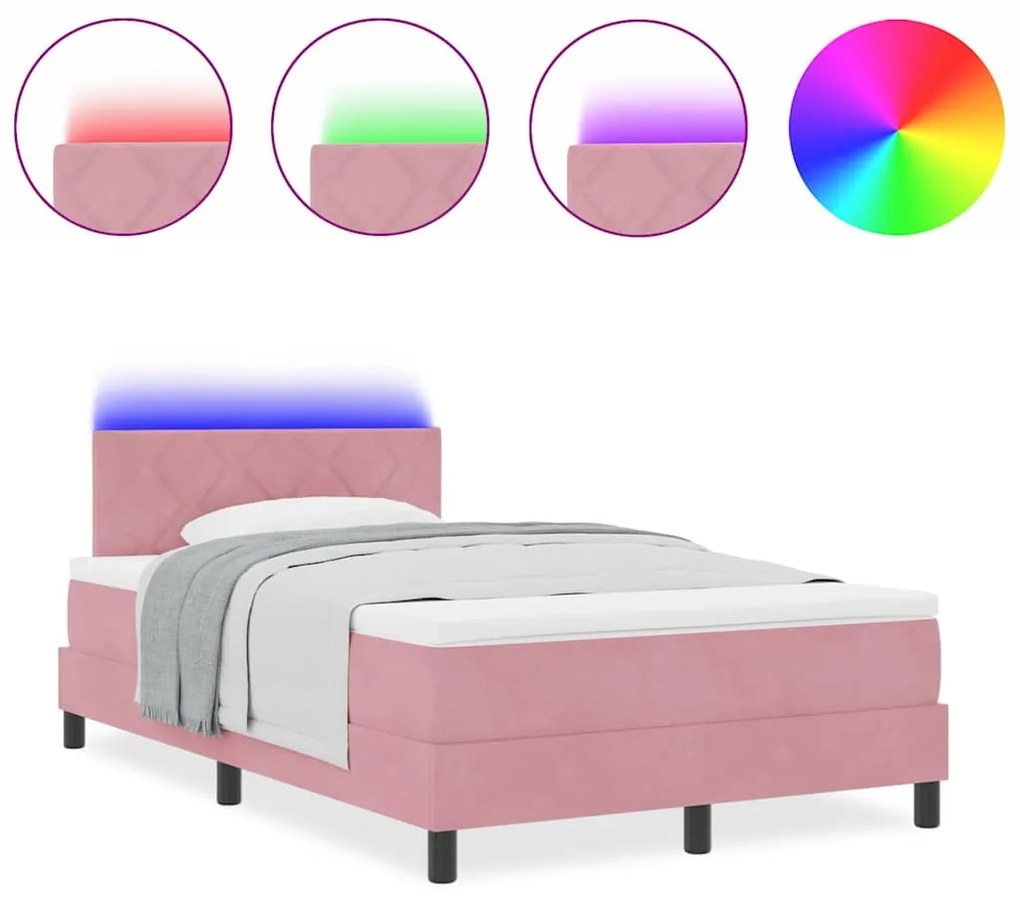 Cama Box Spring vidaXL com Colchão e LED Rosa 120x200 cm Veludo