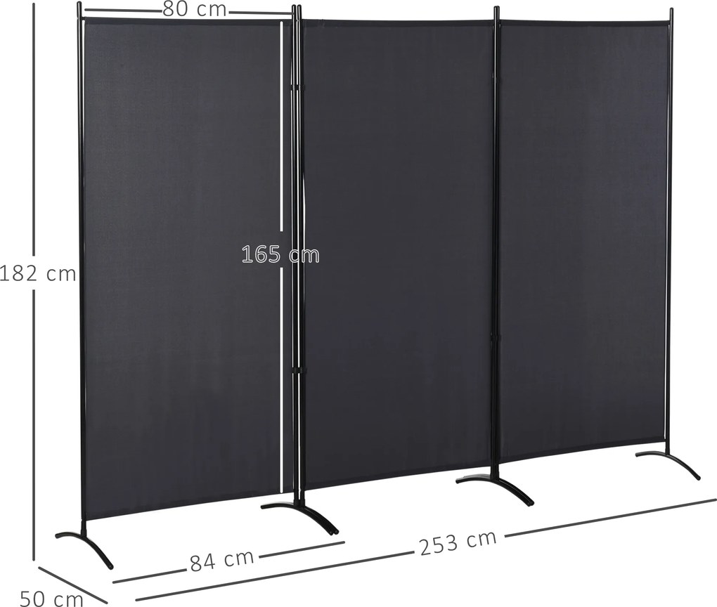 Biombo de 3 painéis, 2,53 x 0,5 x 1,82 A m.de proteção contra olhares indiscretos, biombo com base separadora em metal e poliéster cinzento escuro