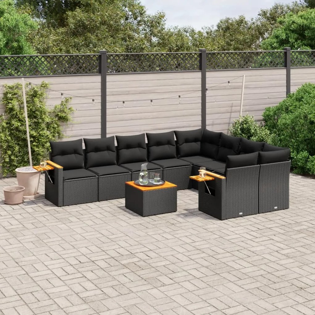10 pcs conjunto sofás de jardim c/ almofadões vime PE preto