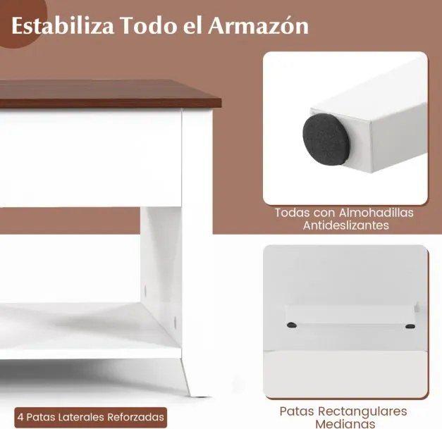 Mesa de centro de madeira elevável multifuncional com 3 prateleiras abertas para sala de estar 105 x 52 x 49 cm branca