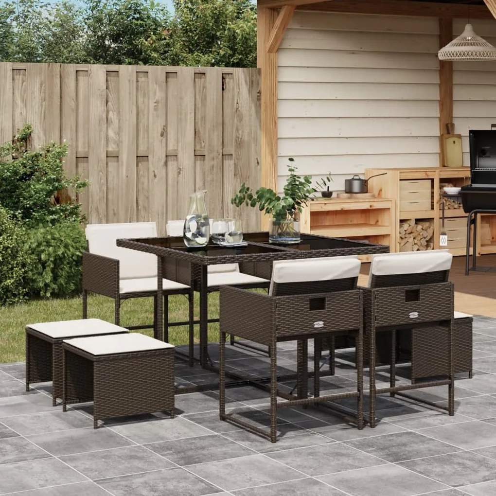 vidaXL 9 pcs conjunto jantar p/ jardim c/ almofadões vime PE castanho