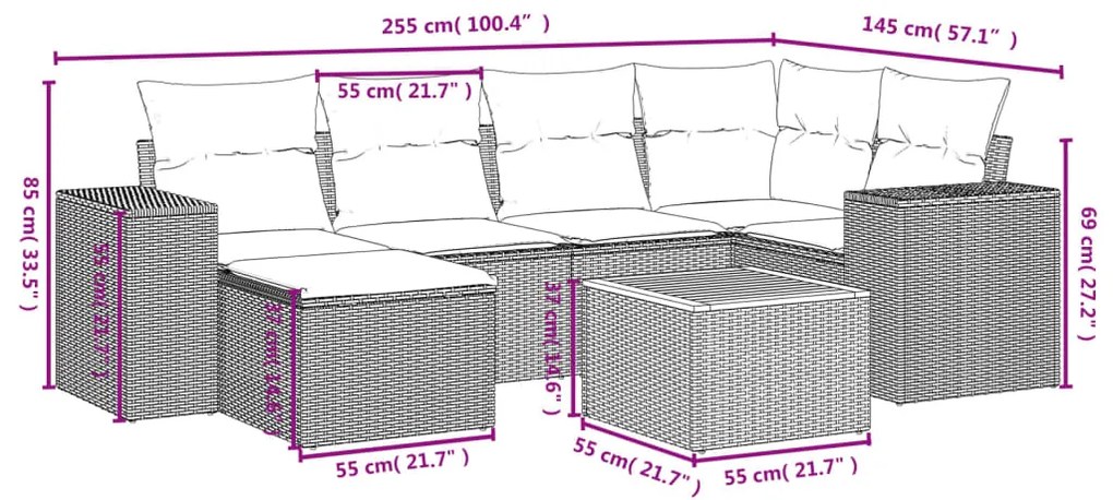 7 pcs conjunto sofás p/ jardim c/ almofadões vime PE cinzento
