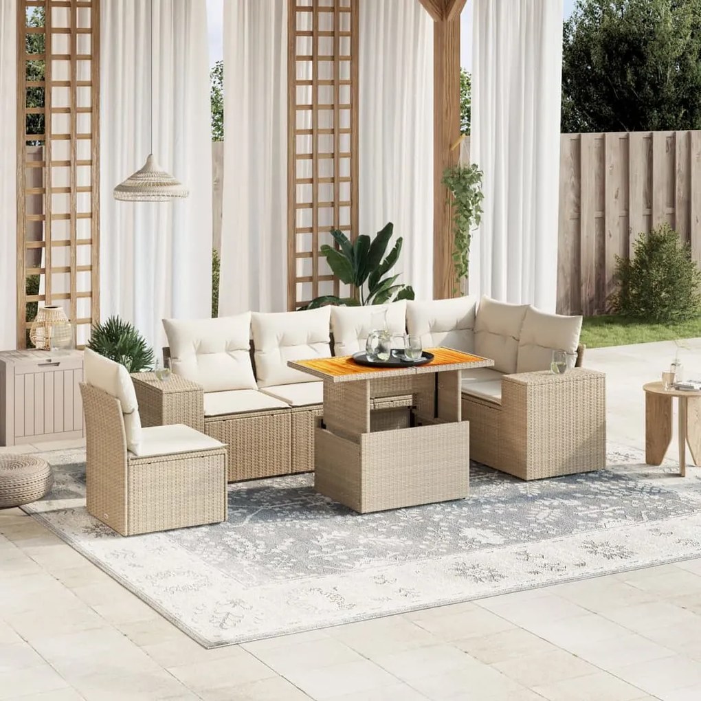 7 pcs conjunto de sofás p/ jardim com almofadões vime PE bege