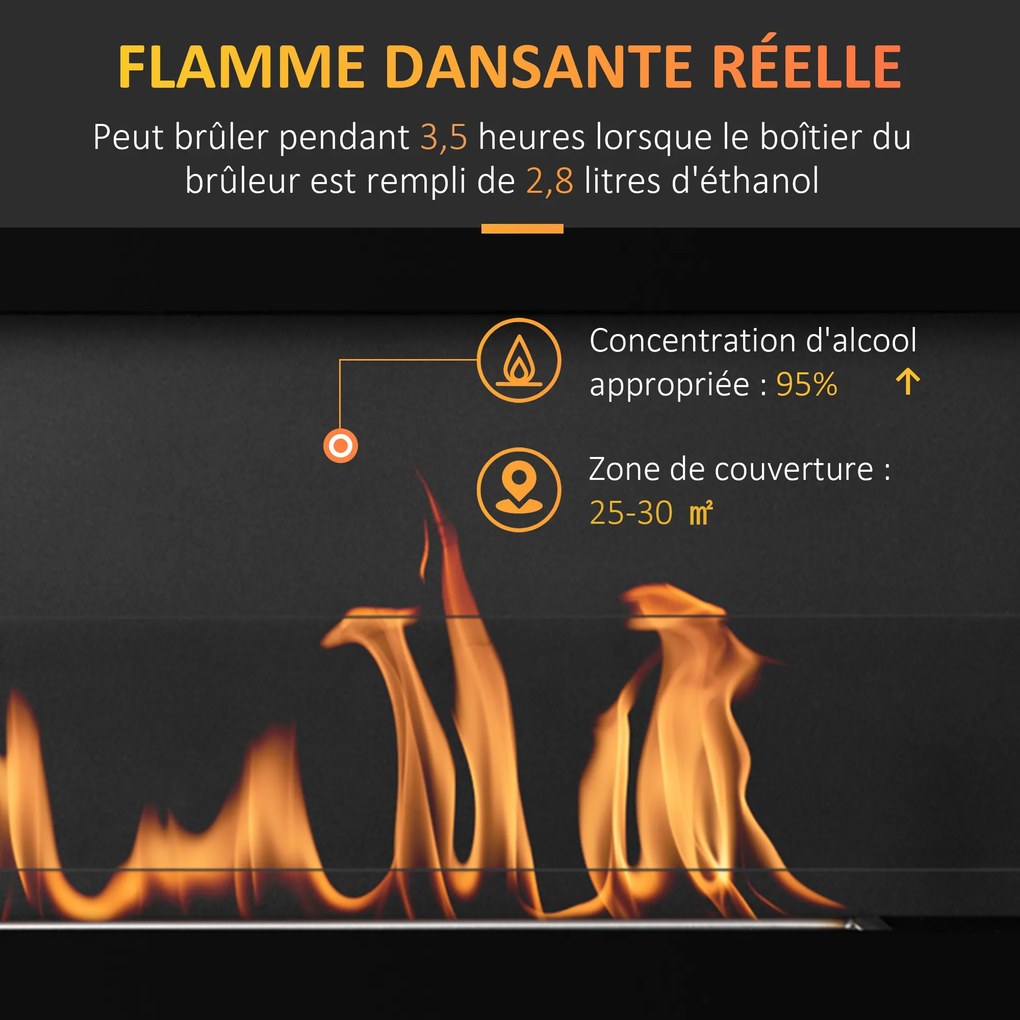 Lareira de bioetanol de parede para encastrar 102 x 16 x 43 cm, queimador de 2,8 L, cerca de 3,5 h de autonomia, cobertura de 25-30 m², preto