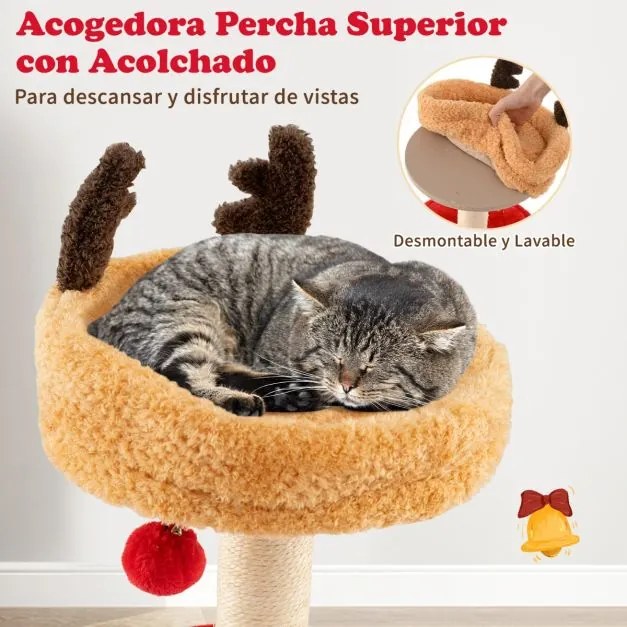 Arranhador de Natal para gatos com cama 80 cm com arranhador de sisal Bola pendente Almofada lavável Centro vermelho