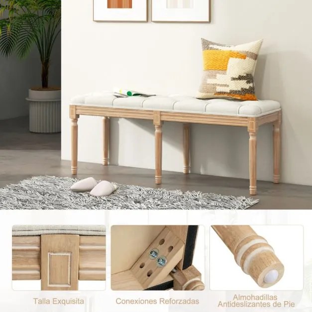 Banco de Entrada Vintage Francês de 20 x 40 x 49 cm com Pernas de Madeira Maciça de Cauchu Bege