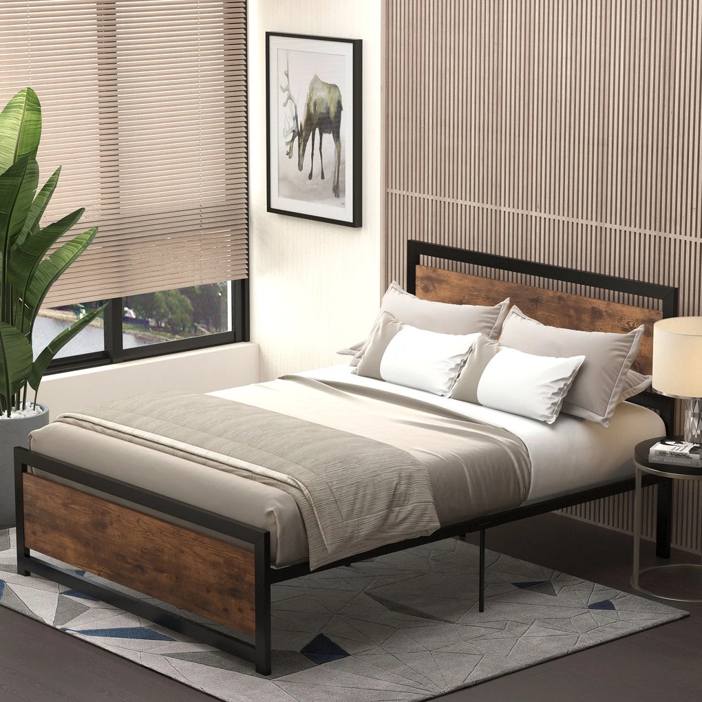 Estrutura de cama de casal em aço com base de cama e cabeceira, compatível com colchões de 190 x 140 cm (NÃO INCLUÍDO), com acabamento em madeira escu