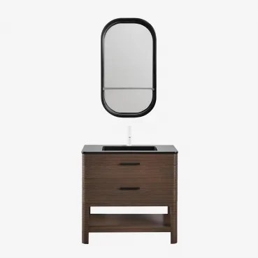 Conjunto De Móvel De Casa De Banho 90x50 Cm Em Madeira Com Lavatório Integrado Misene Madeira Escura & Oval Com Prateleira Preto 50x90 Cm - Sklum