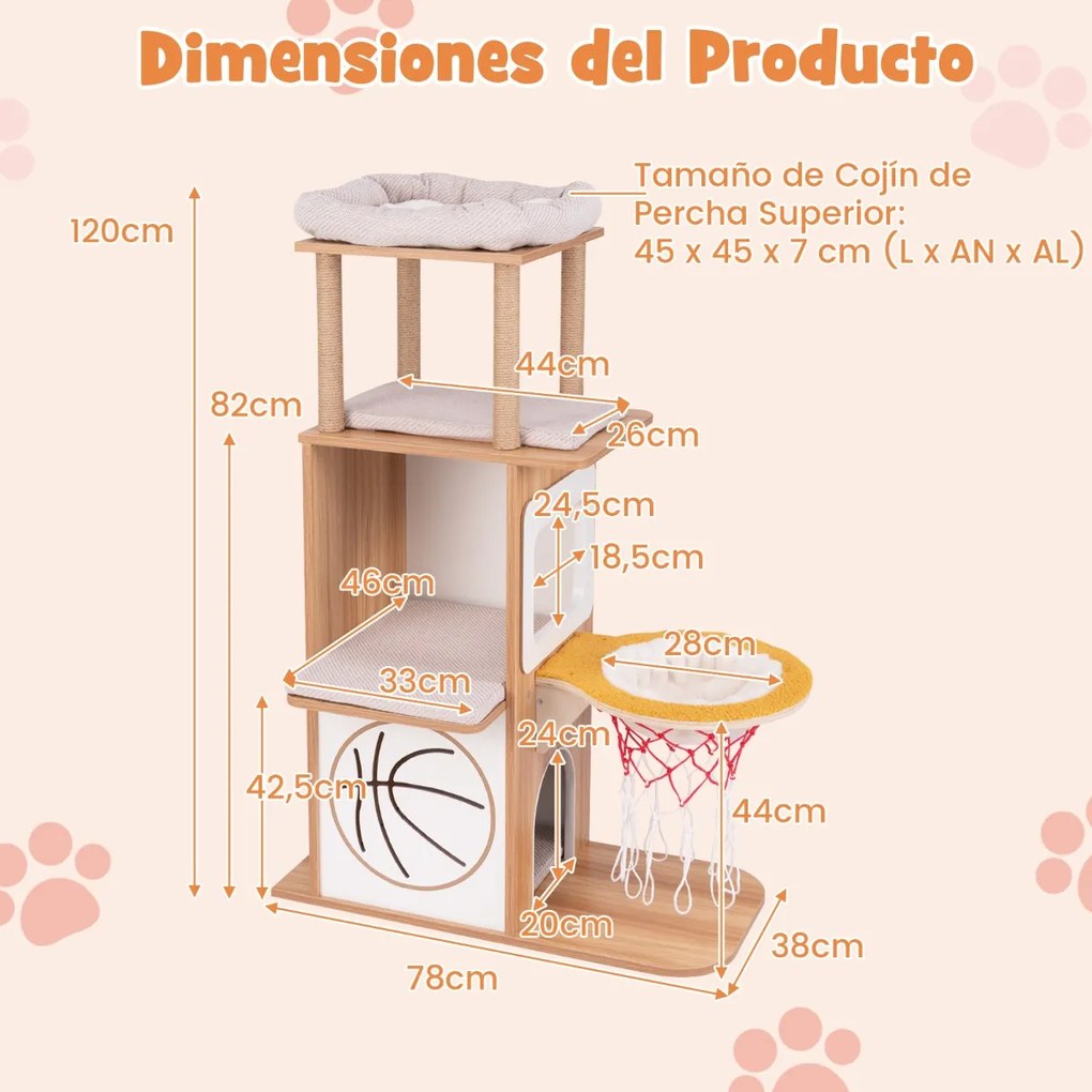 Arranhador para gatos 120cm  tema desportivo 5 decks com poleiros  Rede de dormir natural