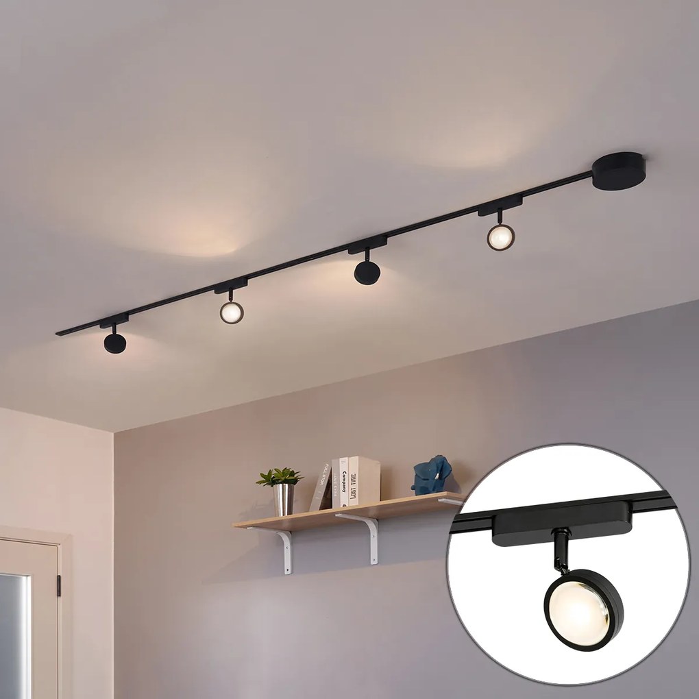Sistema de iluminação de trilho moderno com 4 focos pretos monofásicos - Magnetic Lance