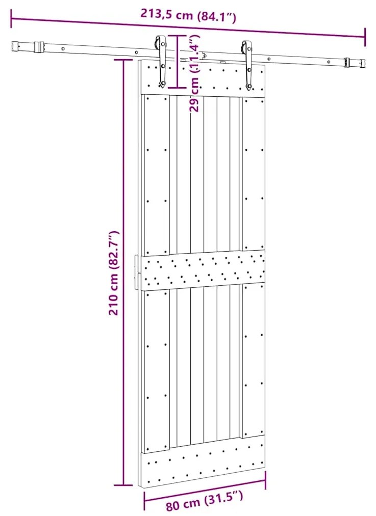 Porta de correr com ferragens 80x210 cm madeira de pinho maciça