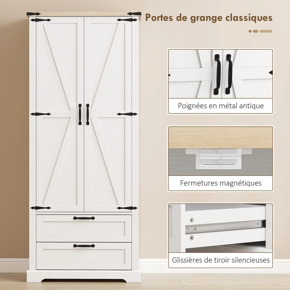 Armário de cozinha 76 x 40 x 180 cm, com 2 portas, 2 gavetas, prateleiras ajustáveis, estilo rústico, branco