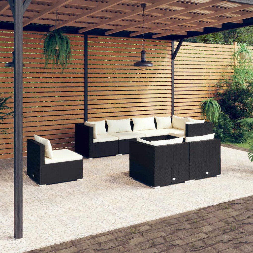 vidaXL 8 pcs conjunto lounge de jardim c/ almofadões vime PE preto