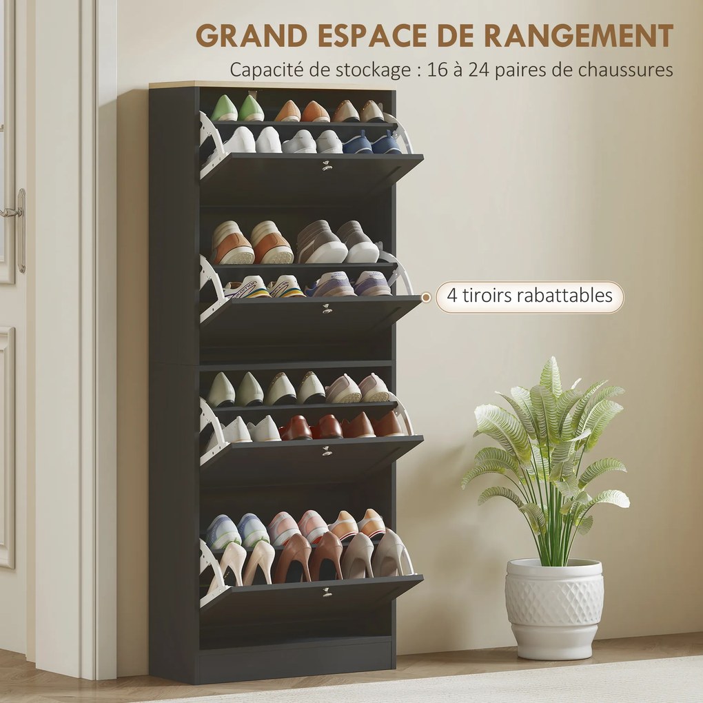 Sapateira com capacidade para 24 pares 60 x 23,5 x 153 cm, com 4 gavetas rebatíveis e prateleiras ajustáveis, preto